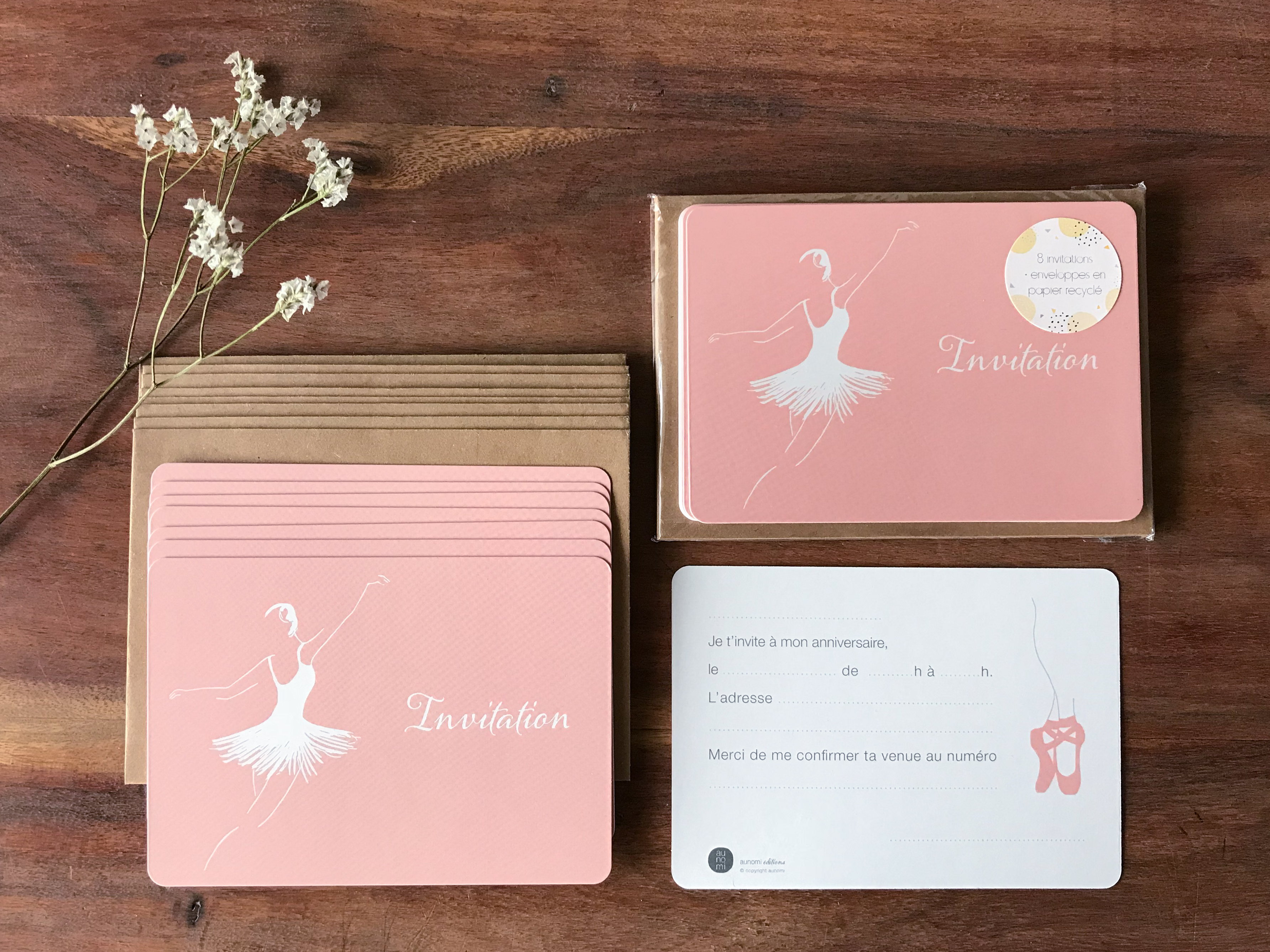 8 cartes invitation rose pour anniversaire thème danse avec illustration danseuse